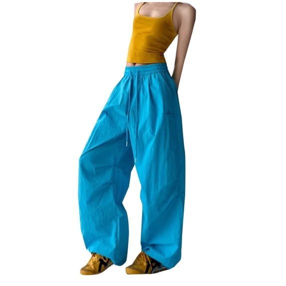 vdgthytj Cargo Pants for Women Lightweight Wide Leg Baggy Drawstring Waist Solid Streetwear Fall Athleisure Parachute Pants with Pockets(XX-Large,Blue)