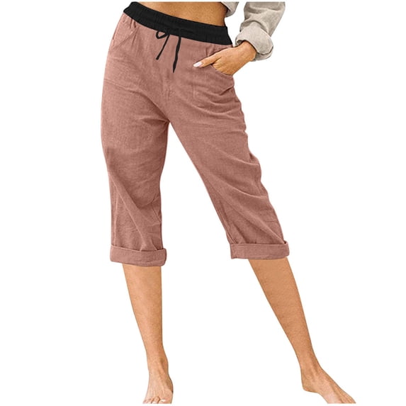 vdgthytj Casual Capri Pants for Women Elastic High Waist Drawstring Straight Leg Loose Color Blocking Summer Capris with Pockets