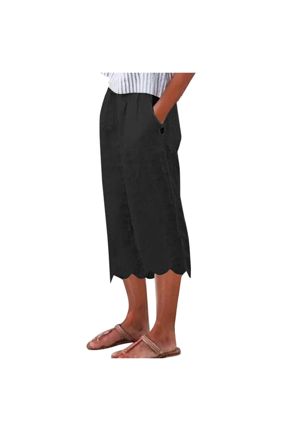 Casual Capris for Women High Waist Straight Leg Loose Fitted Petal-Shaped Cuffs Summer Beach Capris with Pockets