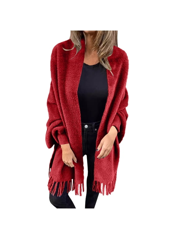 Casual Shawl Jacket for Women Shawl Knit Blanket Wrap Fringe Plus Size Coat Solid Color Casual Cardigan Jacket