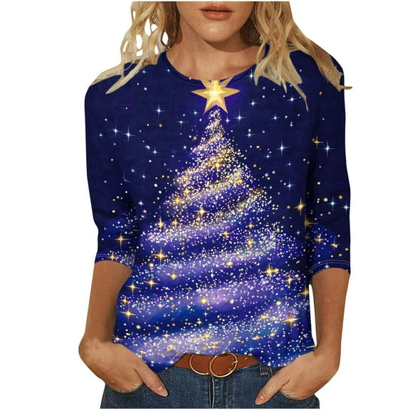 vdgthytj Christmas Shirts for Women 3/4 Length Sleeve Xmas Tunic Tops Plus Size Crew Neck Funny Graphic Tees