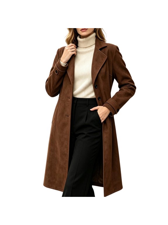 Coats for Women Lapel Collar Button Front Mid‑length Long Sleeve Trench Overcoat with Side Pockets(XX-Large,Coffee)