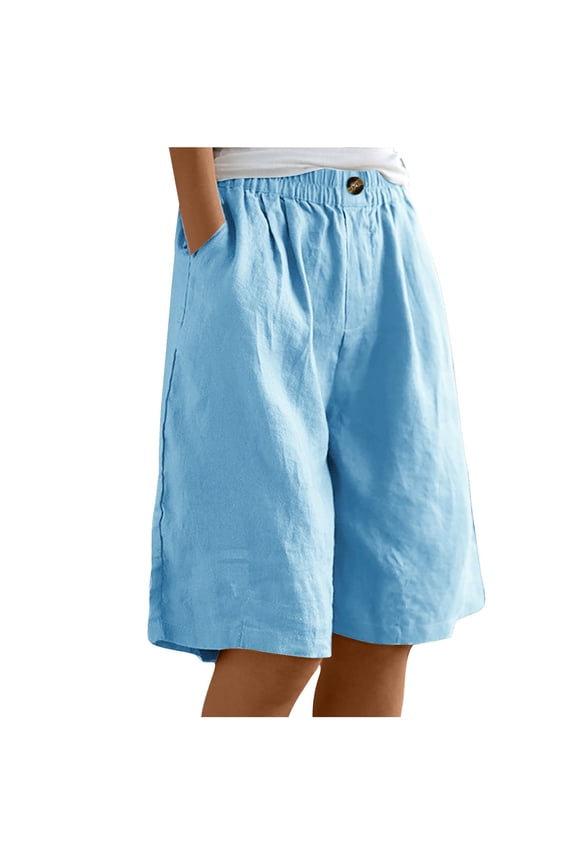Cotton Linen Dressy Bermuda Shorts Women Plus Size Solid Elastic High Waist Knee Length Shorts with Pockets