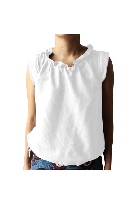 Cotton Linen Plus Size Tank for Women Summer Ruffled Collar Drawstring Pleated Tops Casual Sleeveless Blouses