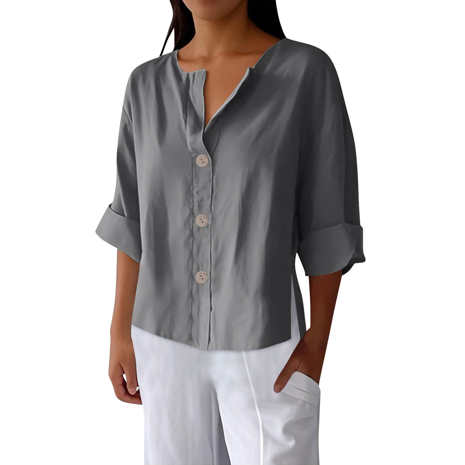 vdgthytj Cotton Linen Shirts for Women V Neck Button 3/4 Sleeve Length ...