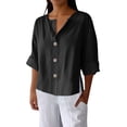 thumbnail image 1 of vdgthytj Cotton Linen Shirts for Women V Neck Button 3/4 Sleeve Length Tops Casual Solid Color Plus Size Blouses, 1 of 8