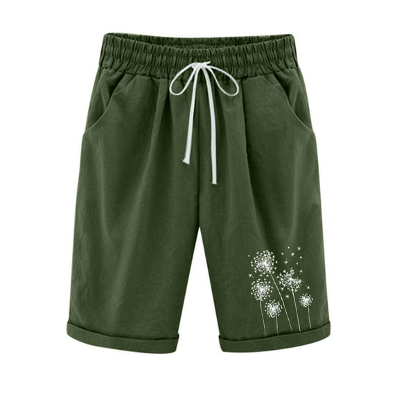 vdgthytj Cotton Linen Shorts for Women Elastic Waist Drawstring Print Knee-Length Summer Casual Plus Size Shorts with Pockets