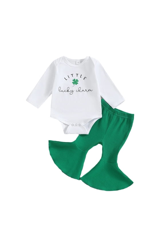 Cute Baby Girl St Patricks Day Outfit Shamrock Long Sleeve Romper Flared Pants Set Toddler Newborn Clothes