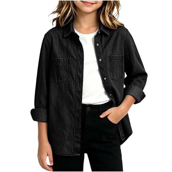 vdgthytj Denim Jackets for Girls Long Sleeve Button Front Lapel Collar Vintage Wash Fall Casual Outerwear with Chest Pockets(13-14 Years,Black)