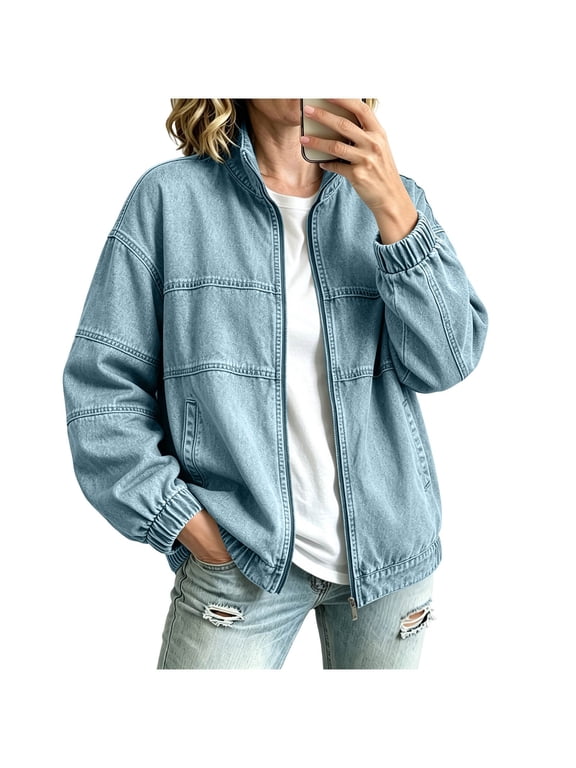 Denim Jackets for Women Full Zip Stand Collar Long Sleeve Vintage Fall Casual Outerwear with Side Pockets(X-Large,Light Blue)