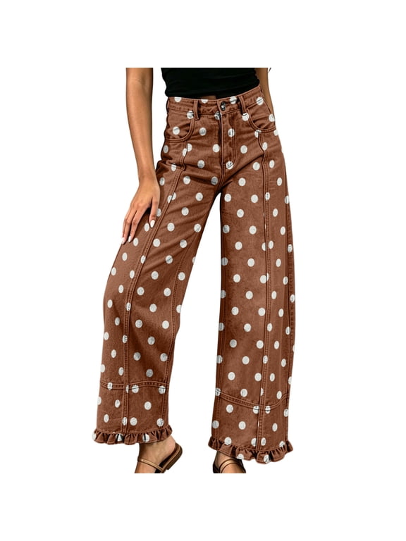 Denim Pants for Women High Waist Wide Leg Dotted Ruffle Bottom Loose Vintage Fall Casual Trousers with Pockets(Large,Brown)