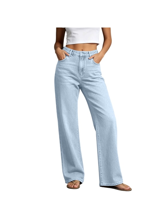 Denim Pants for Women Straight Leg High Waist Vintage Wash Fall Winter Loose Casual Jean Trousers with Pockets(5X-Large,Light Blue)