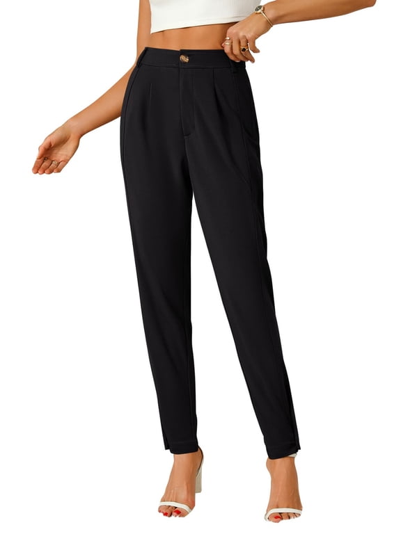 Dress Pants Women High Waist Pleated Loose Fitted Tapered Business Casual Work Trousers with Pockets(Large,Black)