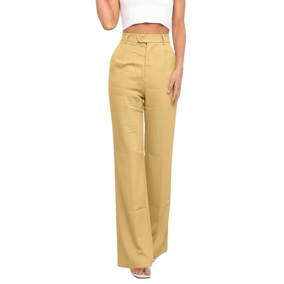 vdgthytj Dress Pants Women Straight Leg Loose Fitted High Waist Solid Business Casual Formal Work Trousers with Pockets(Small,Gold)