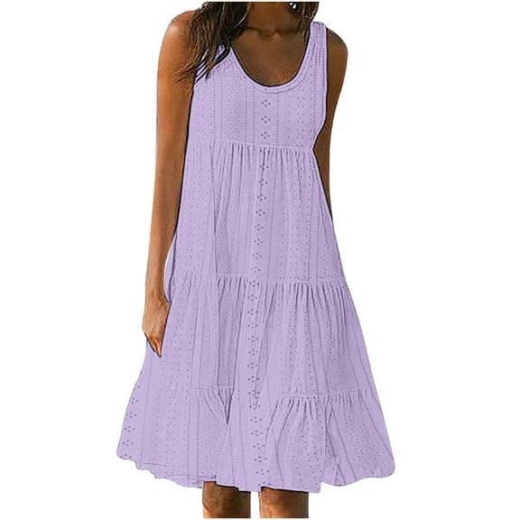 vdgthytj Dresses for Women 2025 Plus Size Eyelet Crew Neck Sleeveless Tiered Loose Beach Midi Tank Sundress with Pockets