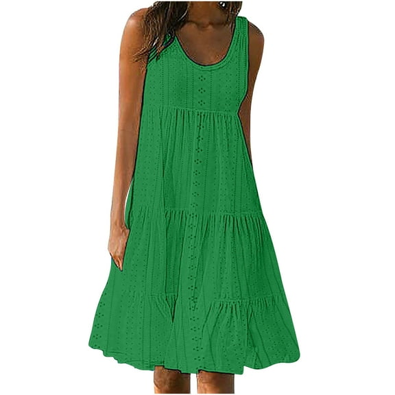 vdgthytj Dresses for Women 2025 Plus Size Eyelet Crew Neck Sleeveless Tiered Loose Beach Midi Tank Sundress with Pockets