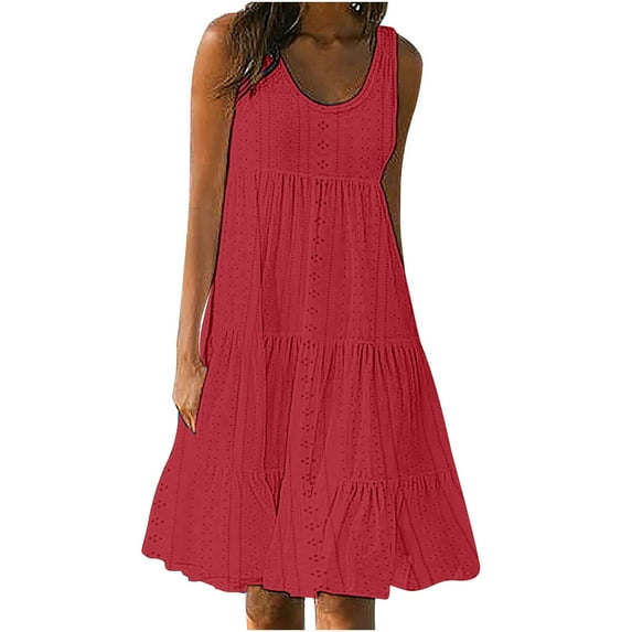 vdgthytj Dresses for Women 2025 Plus Size Eyelet Crew Neck Sleeveless Tiered Loose Beach Midi Tank Sundress with Pockets