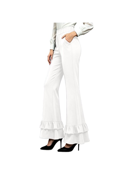 Flare Pants for Women Elastic High Waist Double Ruffled Bottom Solid Fall Casual Trousers with Pockets for Party(Small,White)