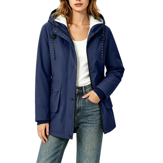vdgthytj Fleece Jacket Women Waterproof Full Zip Button Drawstring Hooded Jackets Winter Warm Casual Rain Jacket with Pockets(X-Large,Navy)