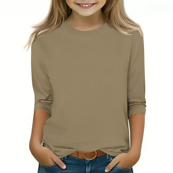 vdgthytj Girls 3/4 Length Sleeve Shirts Round Neck Casual Solid Color Base Tee Top for Kids 3-12 Years