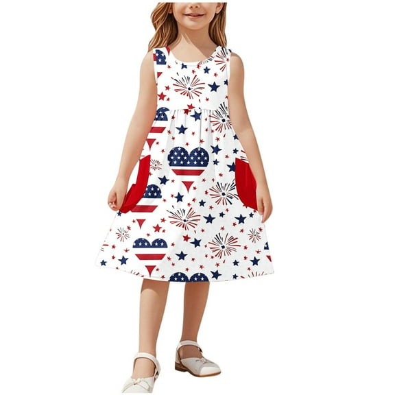 vdgthytj Girls 4th of July Dress Kids Crewneck Sleeveless Stars Striped Summer A-Line Party Sundress with Pockets