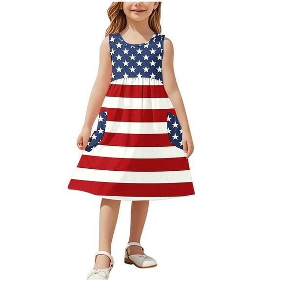vdgthytj Girls 4th of July Dress Kids Crewneck Sleeveless Stars Striped Summer A-Line Party Sundress with Pockets
