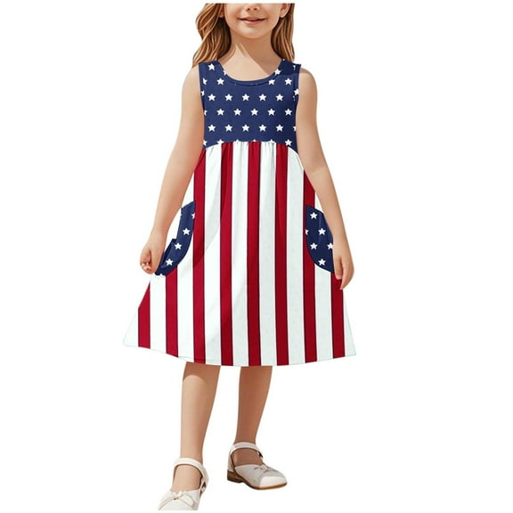vdgthytj Girls 4th of July Dress Kids Crewneck Sleeveless Stars Striped Summer A-Line Party Sundress with Pockets