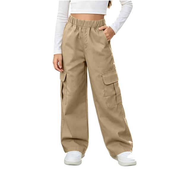 vdgthytj Girls Cargo Pants Wide Leg Baggy Elastic High Waist Solid Fashion Fall Casual Outdoor Trousers with Pockets(9-10 Years,Khaki)
