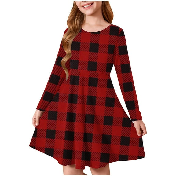 vdgthytj Girls Christmas Dress Kids Plaid Crewneck Long Sleeve A-Line Party Midi Dresses Fall Winter Clothes 4-14 Years