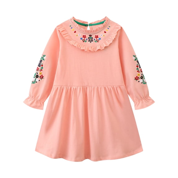 vdgthytj Girls Dress Kids Cute Flower Embroidery Crewneck Long Sleeve Birthday Party Spring Fall Dresses