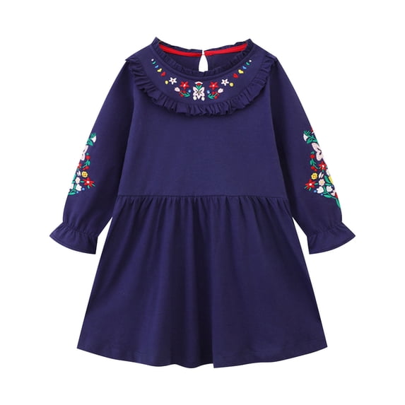 vdgthytj Girls Dress Kids Cute Flower Embroidery Crewneck Long Sleeve Birthday Party Spring Fall Dresses