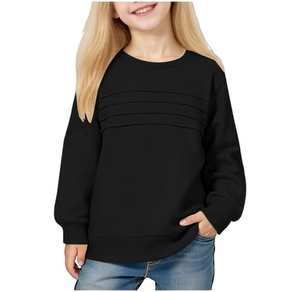 vdgthytj Girls Fall Sweatshirt Trendy Pleated Front Crewneck Solid Color Long Sleeve Pullover Tops for Kids