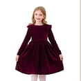 thumbnail image 1 of vdgthytj Girls Fall Velvet Dress Ruffle Long Sleeve Crewneck A-Line Party Holiday Dress Christmas Outfits, 1 of 9