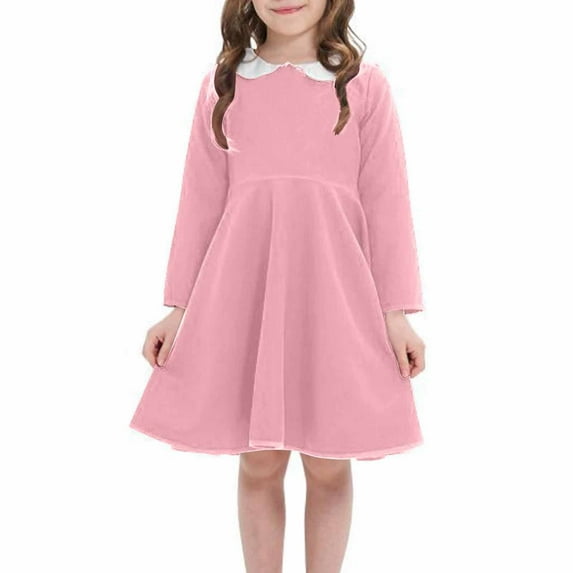 vdgthytj Girls Long Sleeve Dress Vintage Doll Collar A-Line Casual Skater Party Dress for Kids 2-12 Years