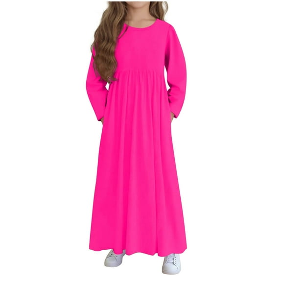 vdgthytj Girls Long Sleeve Maxi Dresses Kids Casual Round Neck Pleated Flowy Long Dress with Pockets