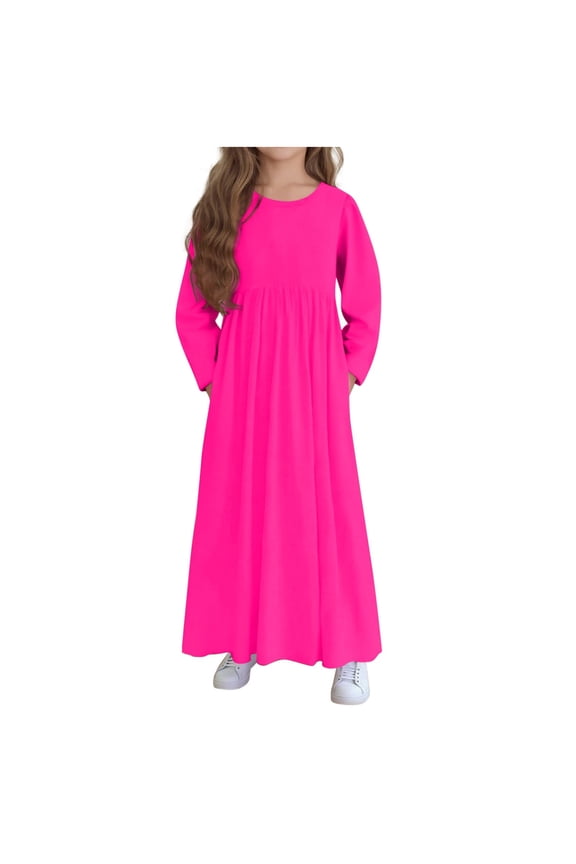 Girls Long Sleeve Maxi Dresses Kids Casual Round Neck Pleated Flowy Long Dress with Pockets