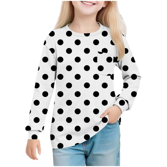 vdgthytj Girls Long Sleeve Shirts Kids Trendy Polka Dots Printed Round Neck Basic Tee Tops Fall Clothes