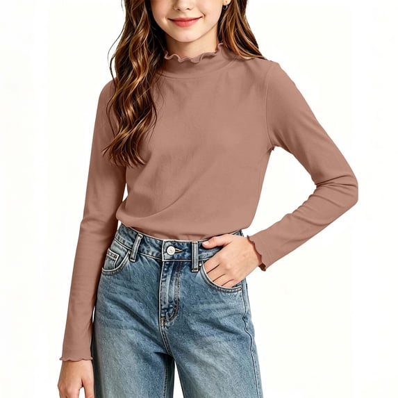 vdgthytj Girls Long Sleeve Tops Ruffle Turtleneck Slim Fitted Solid Fall Winter Base Layering Shirts(2-3Years,Brown)