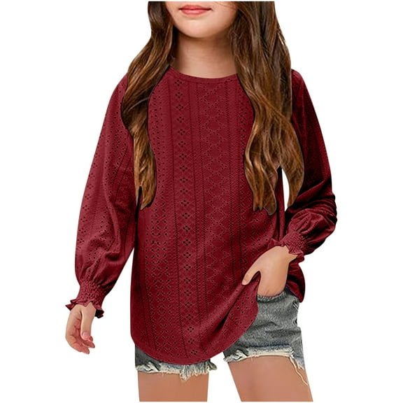 vdgthytj Girls Long Sleeve Tunic Tops 2025 Kids Cute Ruffle Cuffs Crew Neck Eyelet Shirts Blouse 6-14 Years