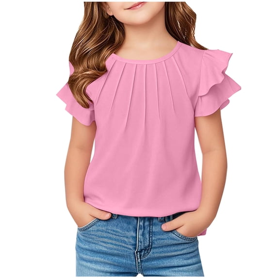 vdgthytj Girls Ruffle Short Sleeve Shirts Cute Summer Crewneck Pleated Blouse Casual Solid Color Basic Tops for Kids