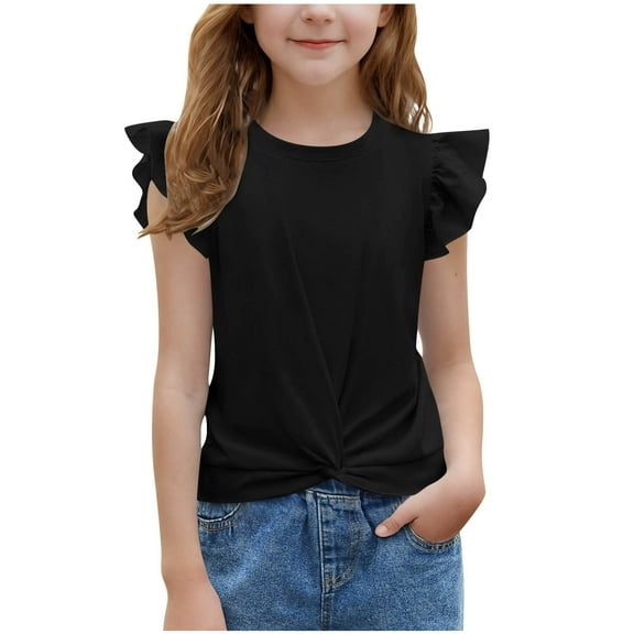 vdgthytj Girls Ruffle Sleeve Shirts Kids Summer Crewneck Twist Front Tee Tops Casual Cute Blouse 5-13 Years