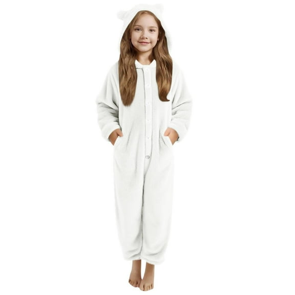 vdgthytj Girls Sherpa Fleece Jumpsuits Kids Button up Soft Hooded Romper Long Sleeve Plush Warm Winter Clothes Sleepwear