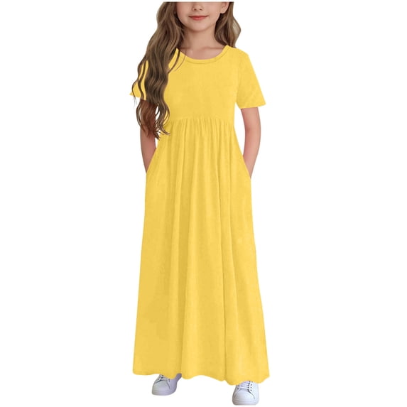 vdgthytj Girls Short Sleeve Maxi Dresses Kids Casual Round Neck Pleated Flowy Beach Long Dress with Pockets