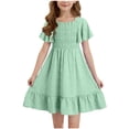 thumbnail image 1 of vdgthytj Girls Summer Dress Short Sleeve Smocked Ruffle Hem A-Line Flowy Holiday Party Sun Dresses for Kids, 1 of 8