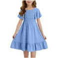 thumbnail image 1 of vdgthytj Girls Summer Dress Short Sleeve Smocked Ruffle Hem A-Line Flowy Holiday Party Sun Dresses for Kids, 1 of 8