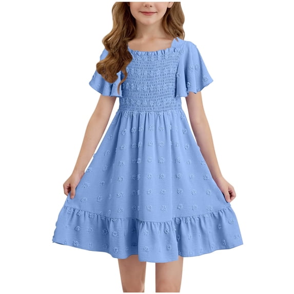 vdgthytj Girls Summer Dress Short Sleeve Smocked Ruffle Hem A-Line Flowy Holiday Party Sun Dresses for Kids