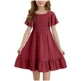 thumbnail image 1 of vdgthytj Girls Summer Dress Short Sleeve Smocked Ruffle Hem A-Line Flowy Holiday Party Sun Dresses for Kids, 1 of 8