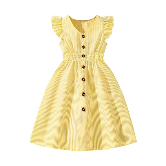 vdgthytj Girls Summer Dresses 2025 Striped V Neck Flutter Sleeve Button A-Line Flowy Sundress for Kids