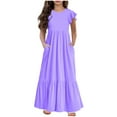 thumbnail image 1 of vdgthytj Girls Summer Maxi Dress Ruffle Short Sleeve Crew Neck Casual Flowy Tiered Long Dress with Pockets 6-12 Years, 1 of 6