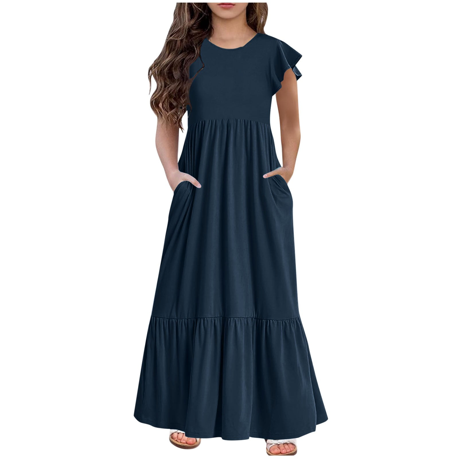 vdgthytj Girls Summer Maxi Dress Ruffle Short Sleeve Crew Neck Casual Flowy  Tiered Long Dress with Pockets 6-12 Years - Walmart.com